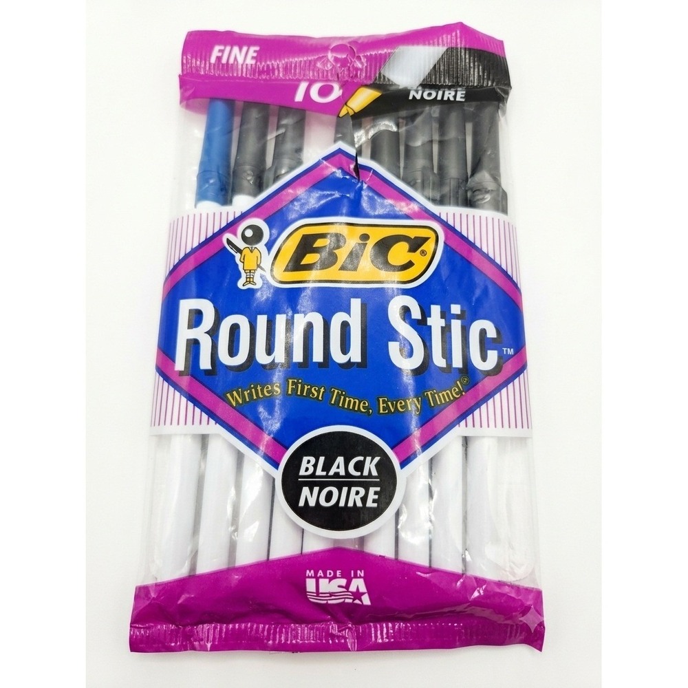 Vintage BIC Round Stic Ballpoint Pens Fine Point Black Blue‎ 8 Pack Made in USA